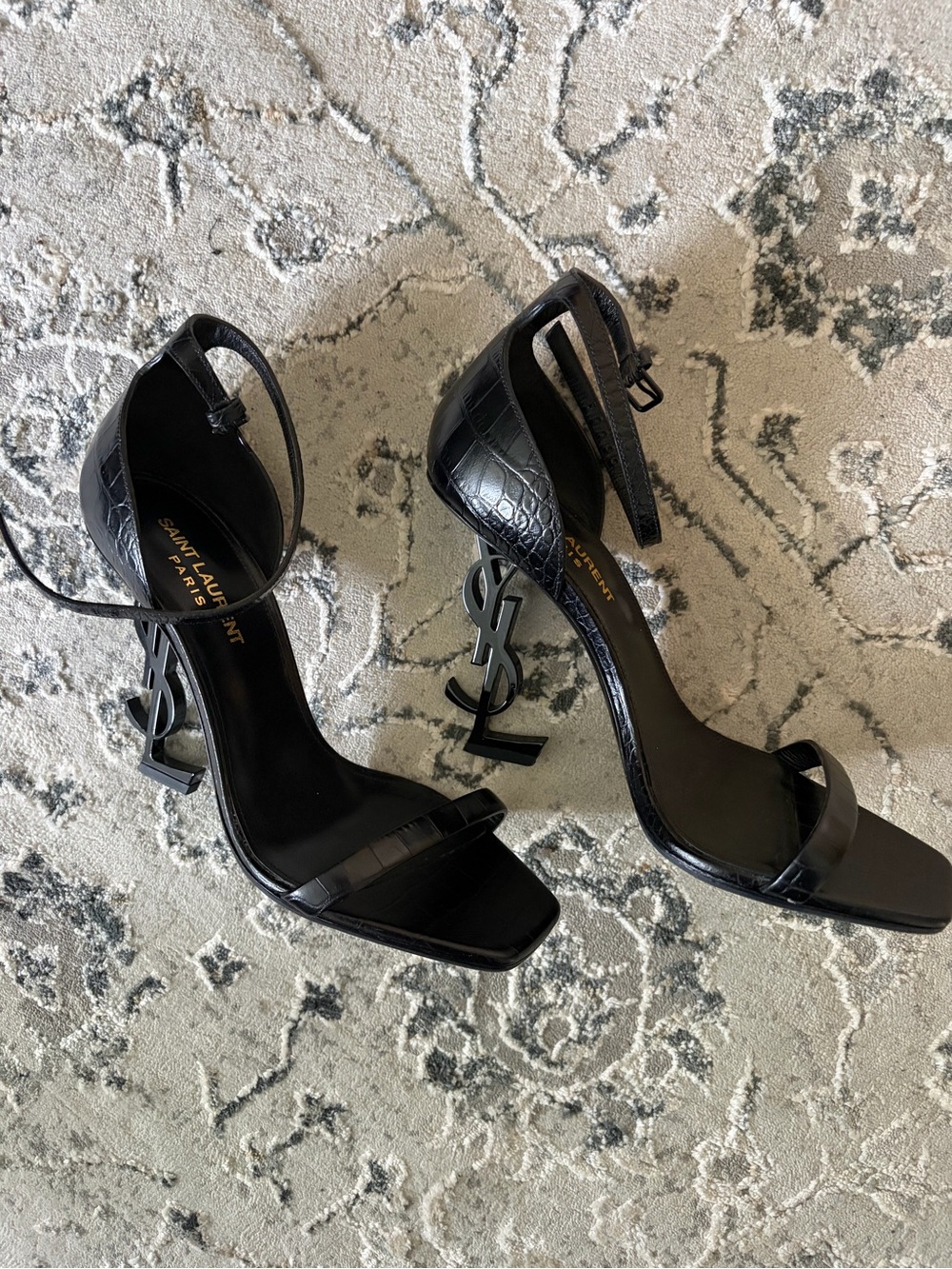 Saint Laurent Black Croc-Embossed Opyum Logo Heel Sandals
